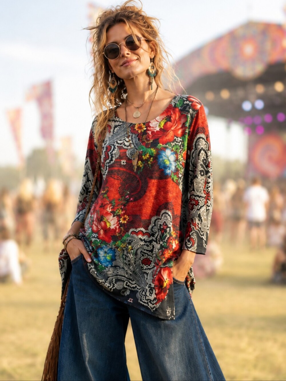 Amma Bohemian Paisley Colorful Floral Stretch Hippie Festival Knit Tunic Sz S